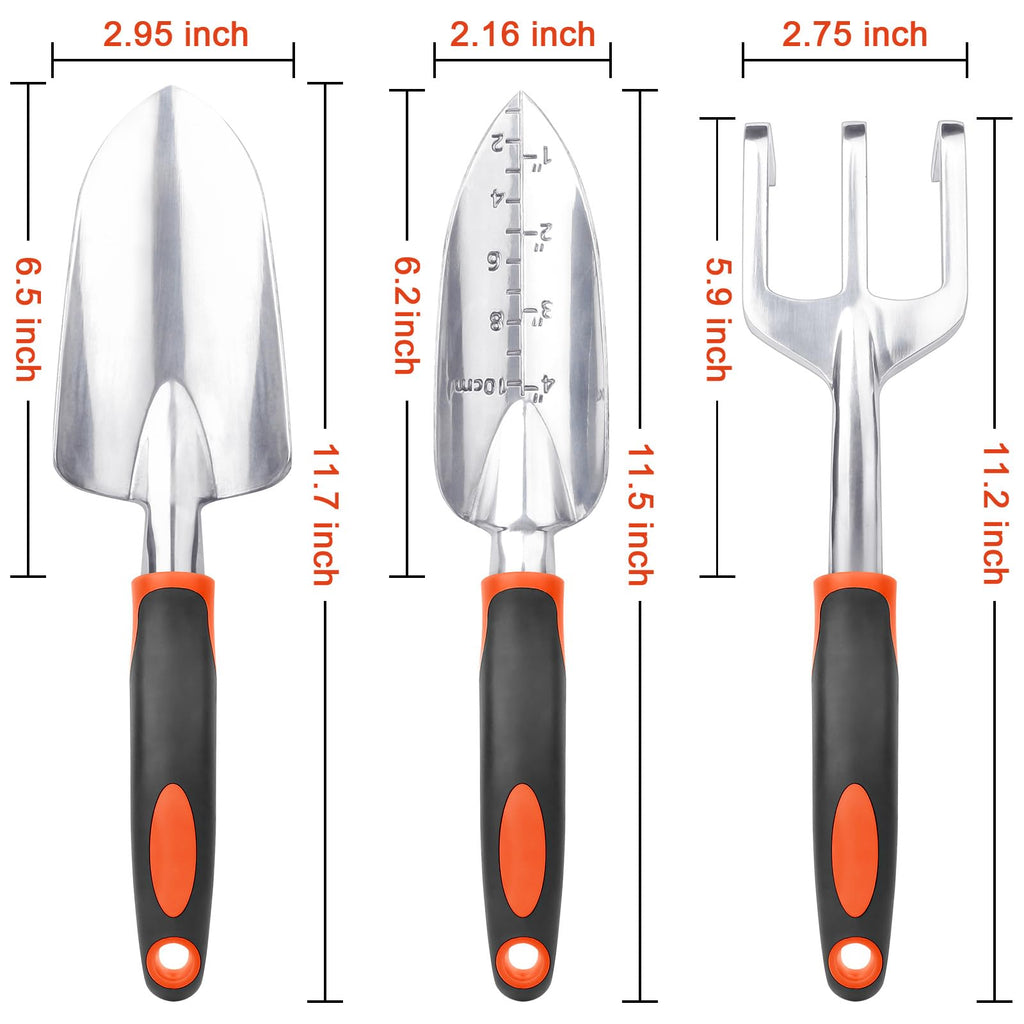 Garden Tools Set, 3 Pack Heavy Duty Gardening Tools Set Include Garden Shovel, Transplant Trowel and Hand Rake with Ergonomic Non-Slip Handle, Aluminum Alloy Lawn for Planting, Orange