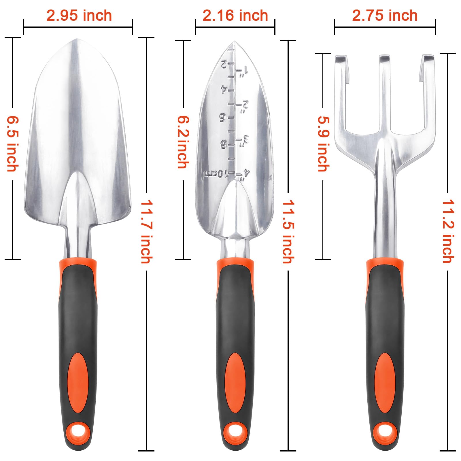 Garden Tools Set, 3 Pack Heavy Duty Gardening Tools Set Include Garden Shovel, Transplant Trowel and Hand Rake with Ergonomic Non-Slip Handle, Aluminum Alloy Lawn for Planting, Orange