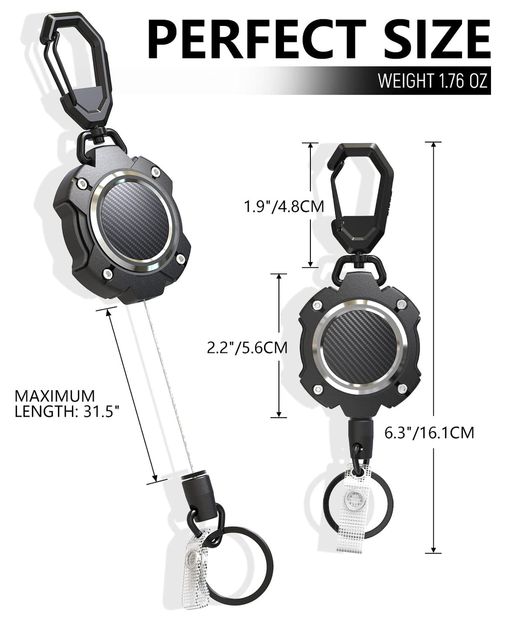 LIUGX 2 Pack Retractable Keychain, Heavy Duty Carabiner Key Chains, 10,000+ Rebound, Impact Resistance ID Badge Reels with 31.5” Wire Rope and Key Ring, Up to 8oz, Aluminum Ring, Carbon Fiber-Texture
