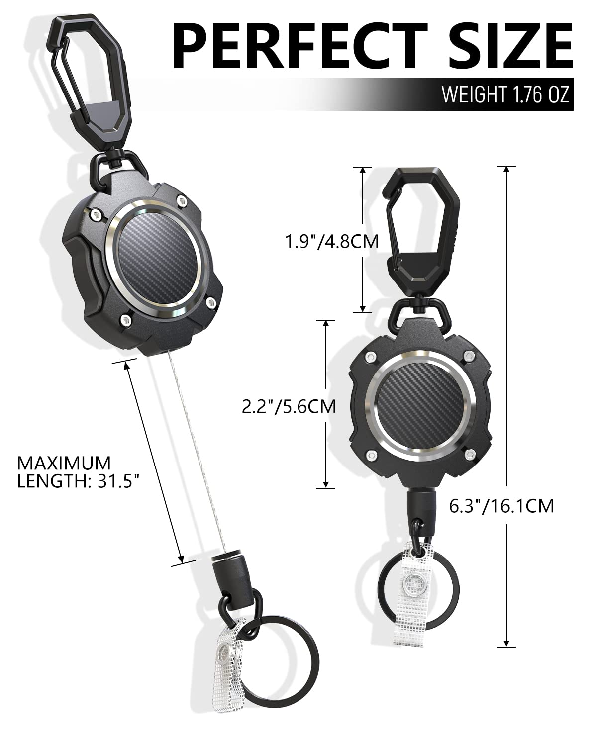 LIUGX 2 Pack Retractable Keychain, Heavy Duty Carabiner Key Chains, 10,000+ Rebound, Impact Resistance ID Badge Reels with 31.5” Wire Rope and Key Ring, Up to 8oz, Aluminum Ring, Carbon Fiber-Texture