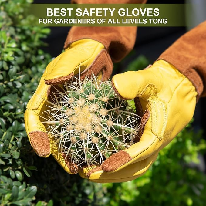 Long Gardening Gloves for Women Thorn Proof,Rose Pruning Cowhide Leather Garden Glove for Work,Cactus, Rose, Blackberry and Gifts (Yellow brown, Medium)