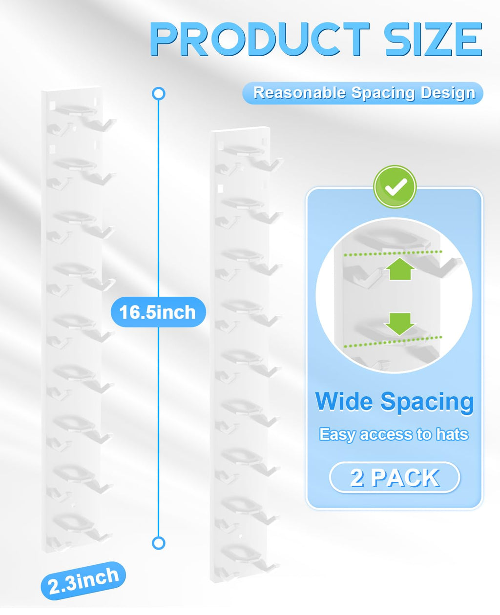 2 Pack Hat Organizer for Baseball Caps, Strong Adhesive Hat Rack for Wall, Multilayer Storage Display Holder, Wall Mounted Hat Hooks Hold up to 18 Hats for Closet Door and Bedroom (White)