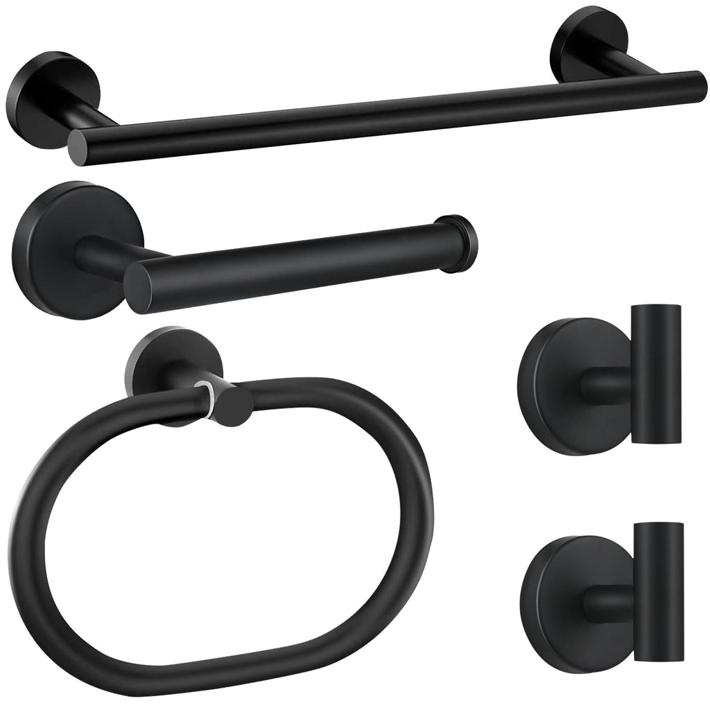 Bathroom Accessories Set,5PCS Black Bathroom Accessories Rustproof,Anti-Drop Design Toilet Paper Roll Holder,16-Inch Towel Bar,Unique Oval Hand Towel Holder,2 Towel Hooks for Bedroom,Kitchen,Entrance
