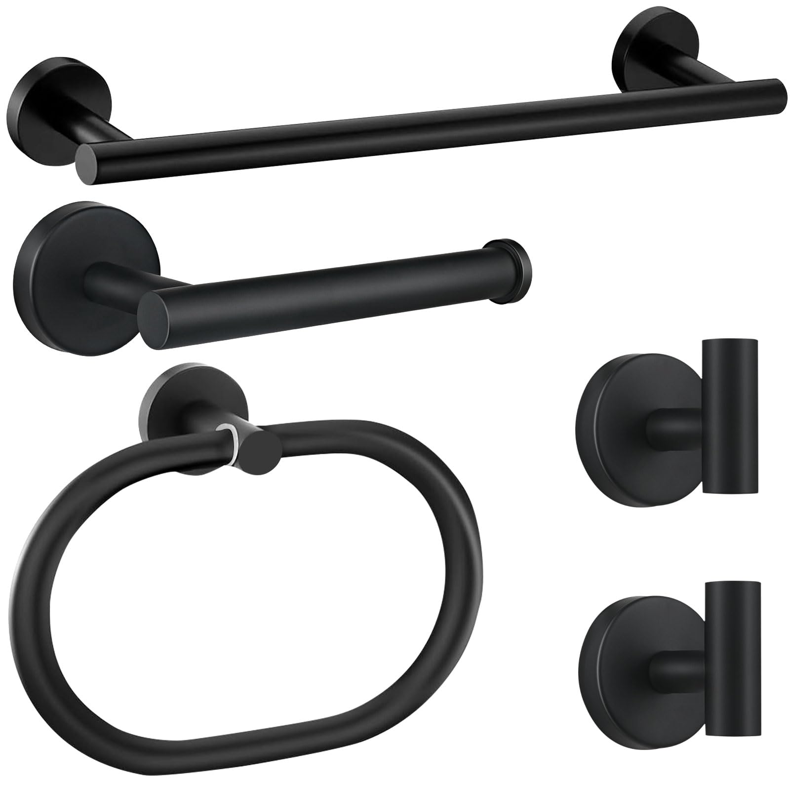 Bathroom Accessories Set,5PCS Black Bathroom Accessories Rustproof,Anti-Drop Design Toilet Paper Roll Holder,16-Inch Towel Bar,Unique Oval Hand Towel Holder,2 Towel Hooks for Bedroom,Kitchen,Entrance