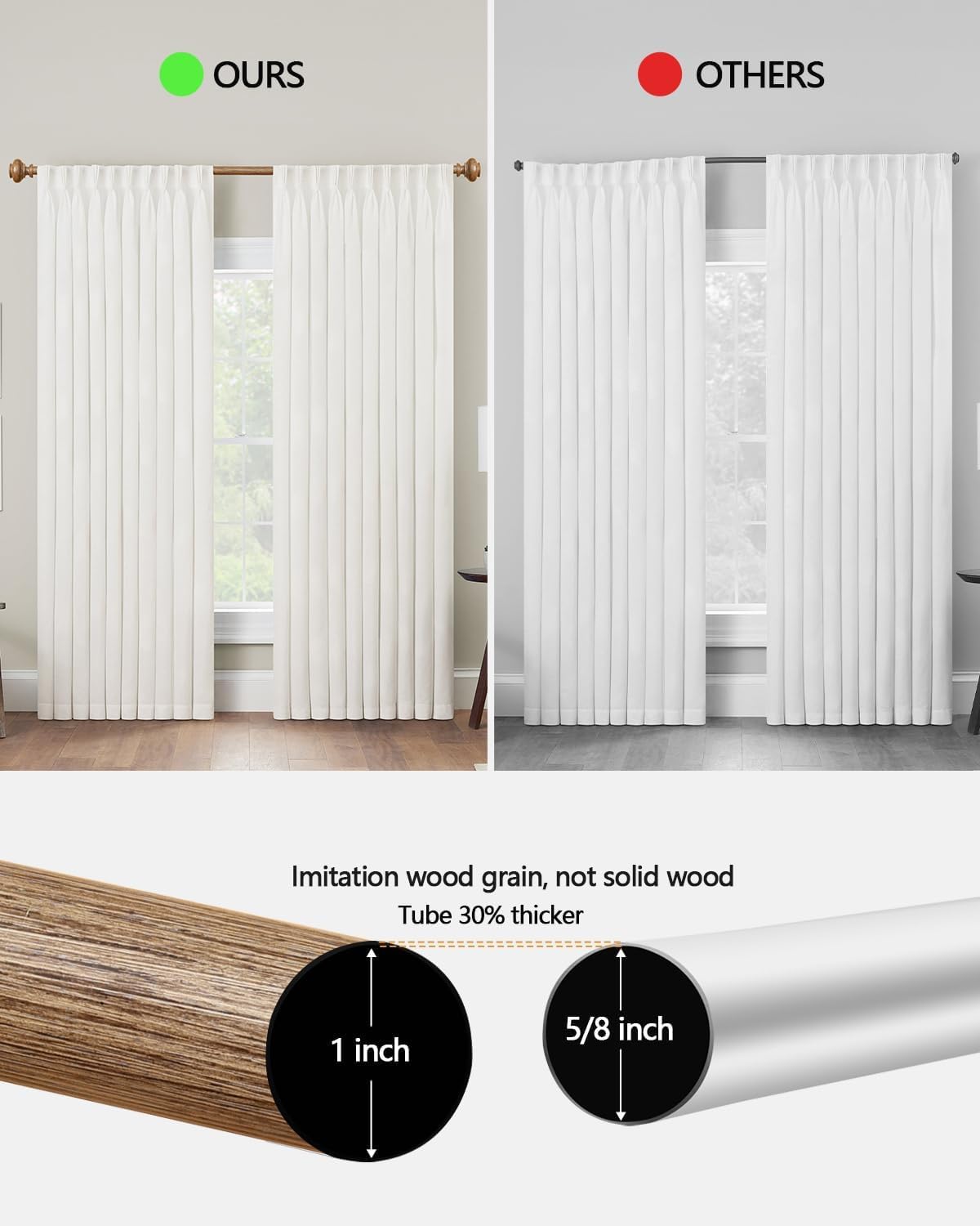 Wood Curtain Rods for Windows 48 to 84 Inch, 1 Inch Adjustable Curtain Rod Heavy Duty Wood Grain Boho Drapery Rods Decorative Farmhouse Rustic Outdoor Curtains Rod