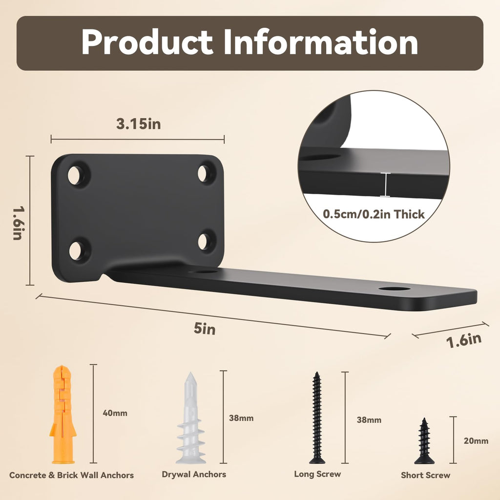 Floating Shelf Brackets 2 PCS of 4/5/6/8 inch Heavy Duty Industrial Shelf Bracket Black Metal L Brackets for Shelves Support DIY (Black, 2PCS-8 Inch)