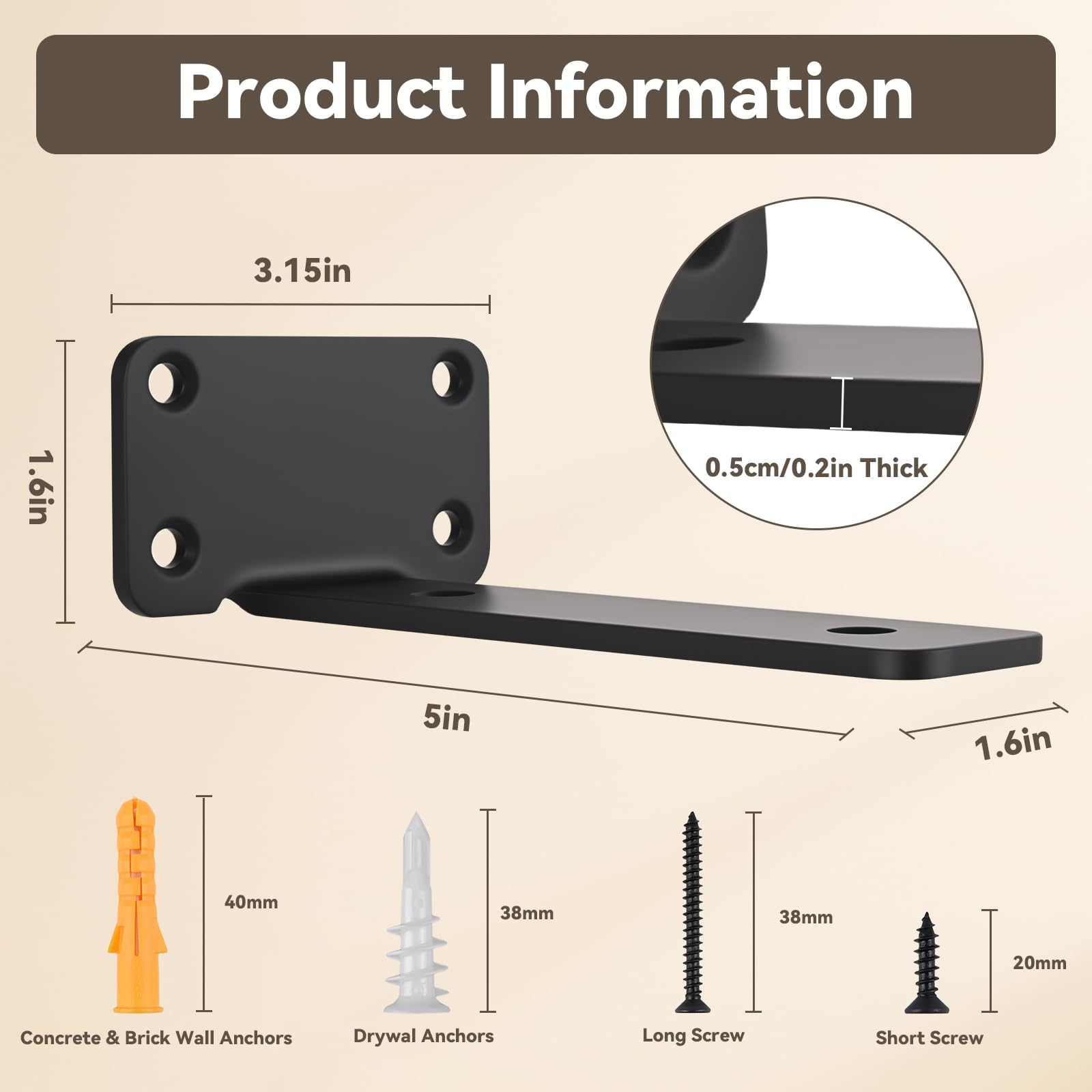 Floating Shelf Brackets 2 PCS of 4/5/6/8 inch Heavy Duty Industrial Shelf Bracket Black Metal L Brackets for Shelves Support DIY (Black, 2PCS-8 Inch)