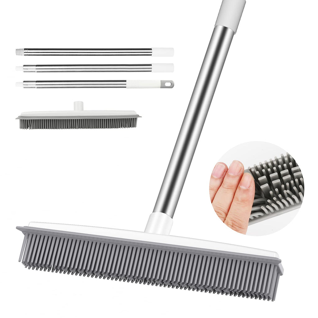 Push Broom Pet Hair Removal Broom with Squeegee, Soft Silicone Bristle Broom with 47" Adjustable Long Handle, Non Scratch Carpet Sweeper Brush for Cat/Dog Hair Hardwood Tile Windows