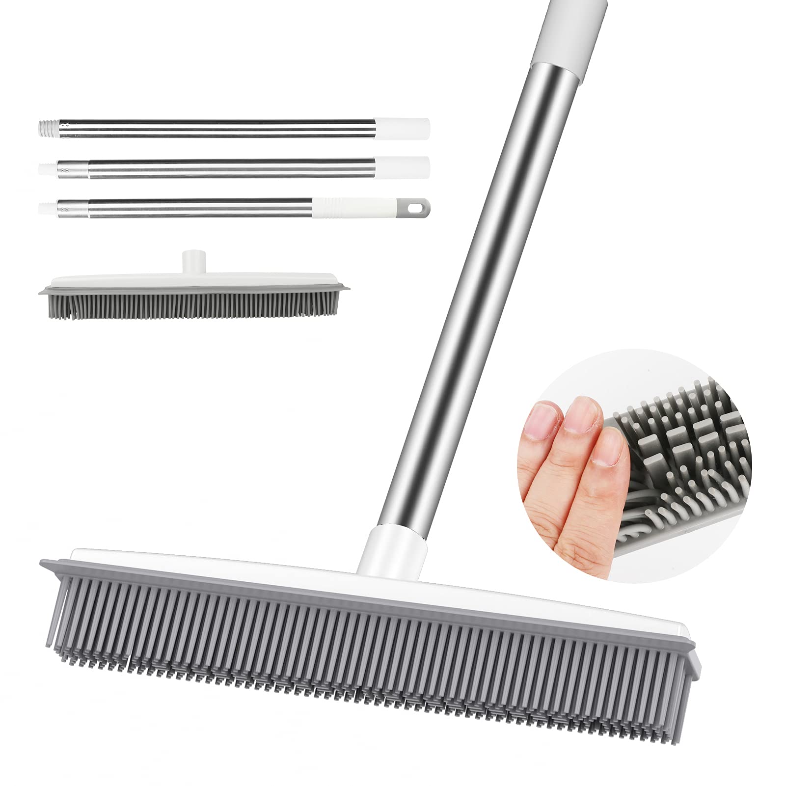 Push Broom Pet Hair Removal Broom with Squeegee, Soft Silicone Bristle Broom with 47" Adjustable Long Handle, Non Scratch Carpet Sweeper Brush for Cat/Dog Hair Hardwood Tile Windows
