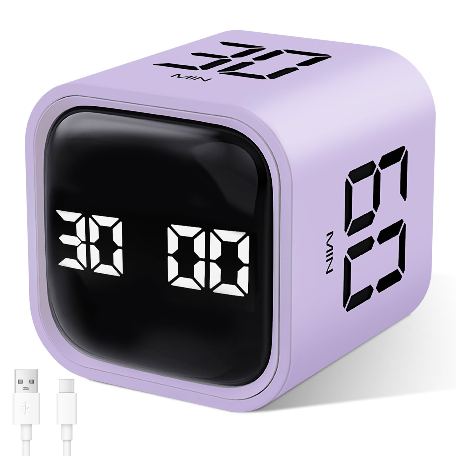 GuDoQi Cube Timer, Pomodoro Timer with Adjustable Sound and Vibration Alert, 5/10/30/60 Mins & Custom Mode, Visual Countdown Timer for Study, Office, Yoga, Purple