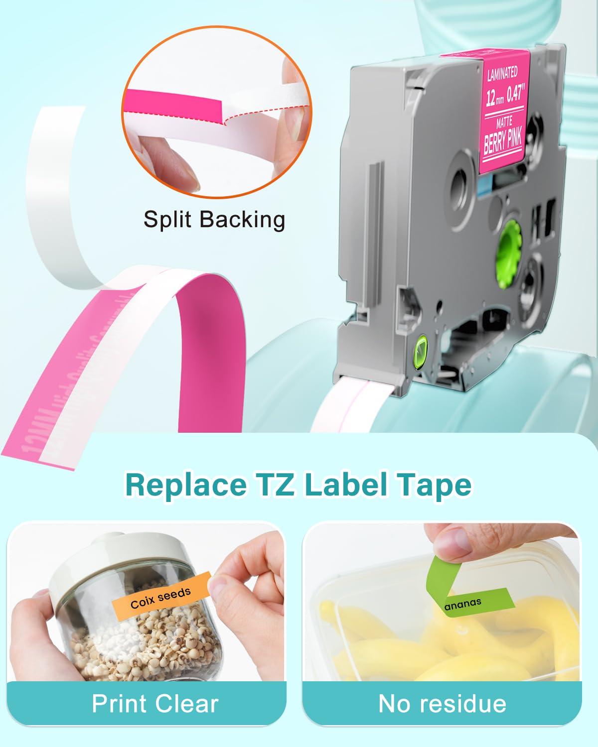 Replacement for Brother P-Touch Label Maker Tape TZe 12mm 0.47 Ribbon Laminated TZ Colored Refills Compatible with Brother P Touch PT-D210 D220 H110 1000 1280 D400 Cube, 1/2" x 26.2', 6 Pack