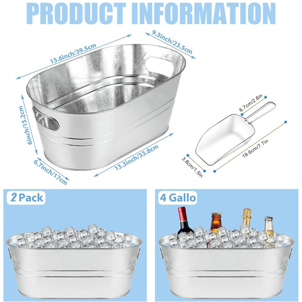 2 Pack Galvanized Tub Beverage Tubs, 4 Gallon Large Ice Buckets with Carry Beer Drink Storage Cooler Metal Beverage Ice Tub, for Parties and Cocktail Bar Mimosa Bsupplies