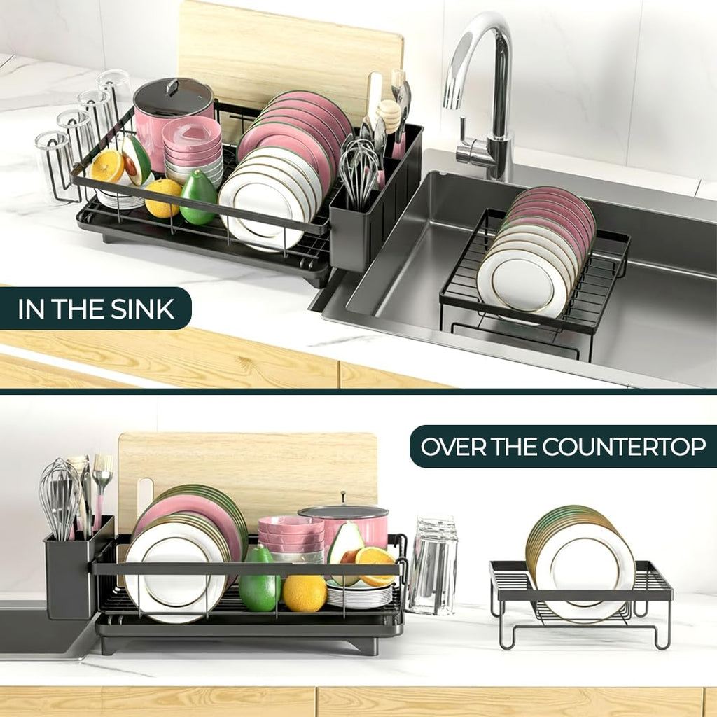 Space-Saving 2-Tier Dish Drying Rack with drip Tray, Swivel spout, Utensil Holder and More, Perfect for Small Kitchen counters and Keeping Things Neat