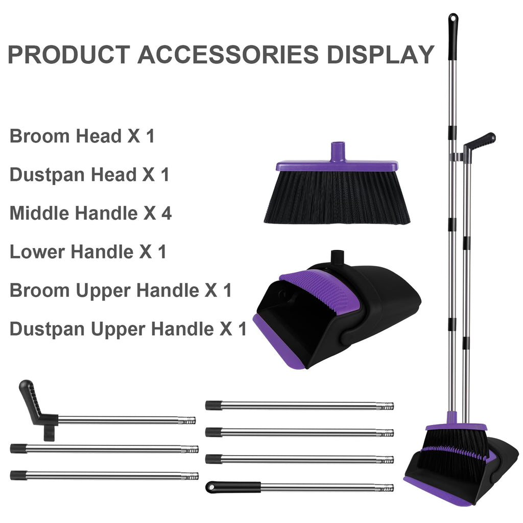 UDUK Broom with Dustpan Combo Set Upright, 51” Long Handle with Comb Teeth,Broom and Dustpan for Dog Cat Pets Home Kitchen Room Lobby Use, Normal, Purple