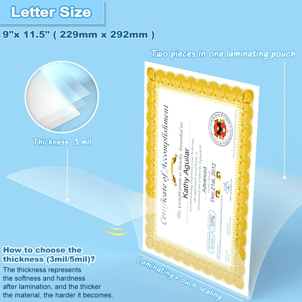 Laminating Pouches 9 x 11.5, 3 Mil Laminating Sheets 200 PCS Clear Thermal Laminate Sheets Holds 8.5 x 11 Inch Sheets, Universal Lamination Paper for Laminator, Photos, Files, Round Corner