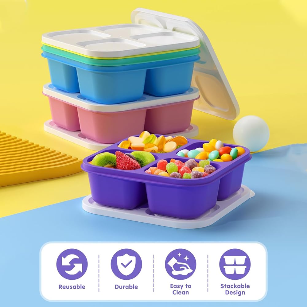 6 Pack Bento Snack Containers Set，Reusable 4 Compartment Divided Food Storage Containers with Lids Stackable for School, Work, and Travel