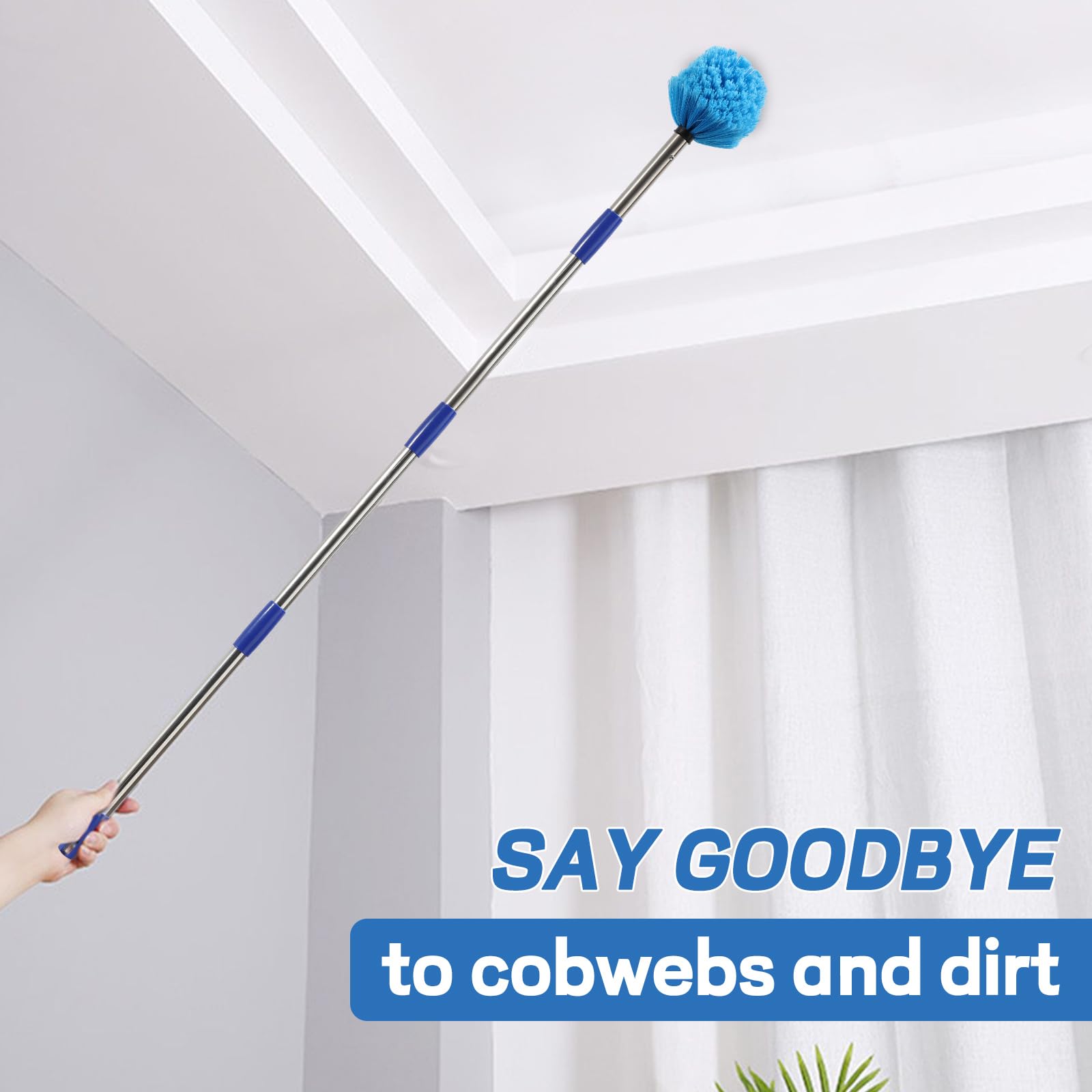 CALCHELE 10FT Spider Web Brush with Pole, Stainless Steel Pole Ceiling Fan Duster for Outdoor Indoor Cleaning