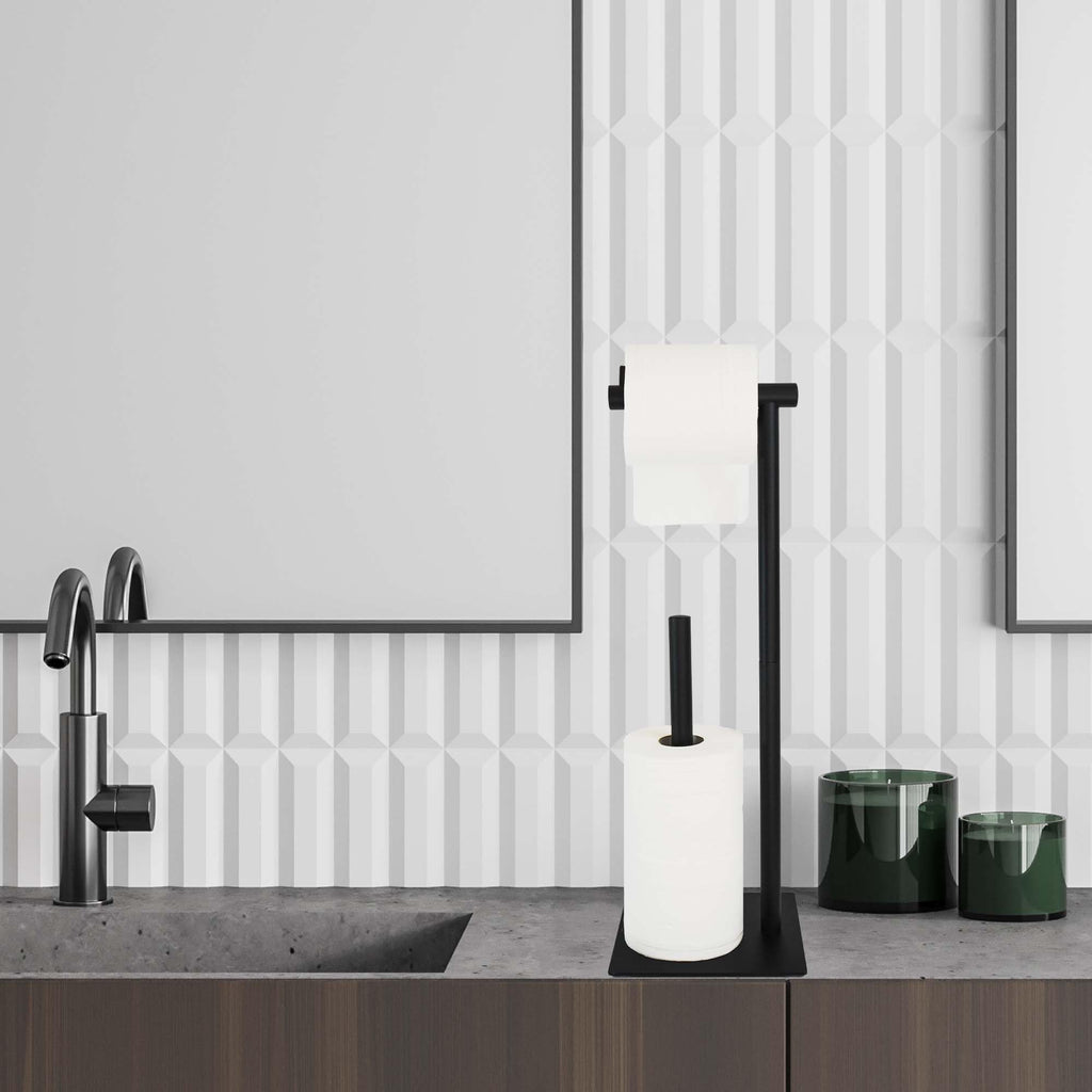 Toilet Paper Stand Black, Toilet Tissue Roll Holder Free Standing, Bath Toilet Paper Roll Standing Dispenser with Reserve, Toilet Tissue Organizer Stand with Heavy Base for Bathroom Washroom Lavatory