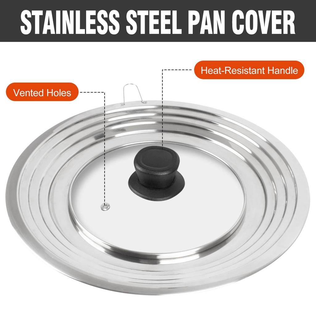 Universal Lid for Pots and Pans Skillets, Pan Cover with Tempered Glass Top Fits 6,7,8 Inch & 8.2, 9, 10, 11, 12 Inch Cookware, Stainless Steel Replacement Frying Pan Cover, Cast Iron Lids
