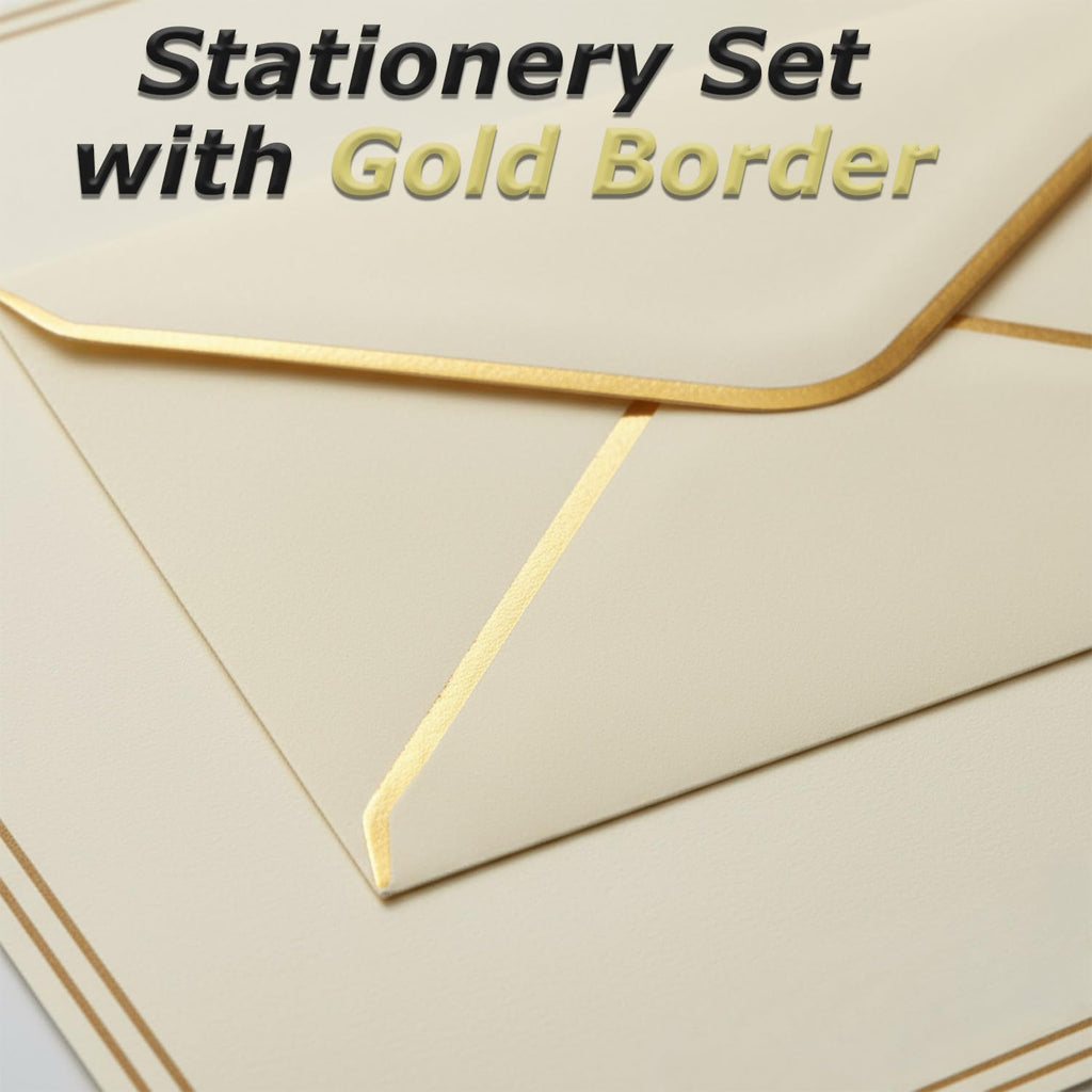 Acidea 150 Pieces Stationery Set with Gold Border, Luxury Gold Border Business Envelopes Letter Writing Paper Stickers, Letter Paper and Envelopes Set for Birthday Wedding Invitation Love Letters
