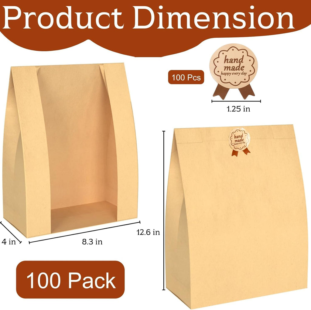 ZENFUN 100 Pack Paper Bread Bags, Sourdough Bread Bags with Clear Window & Stickers, Waterproof & Oil-resistant Paper Bakery Bag for Baked Food Packaging Storage, Treat Packaging, 8.3 x 4 x 12.6 Inch