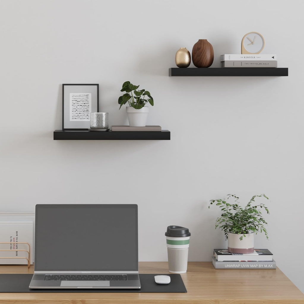 upsimples 16.5" L Black Wooden Floating Shelves with Invisible Brackets, Wall Mounted Modern Wood Shelves Set of 3, for Bathroom Bedroom