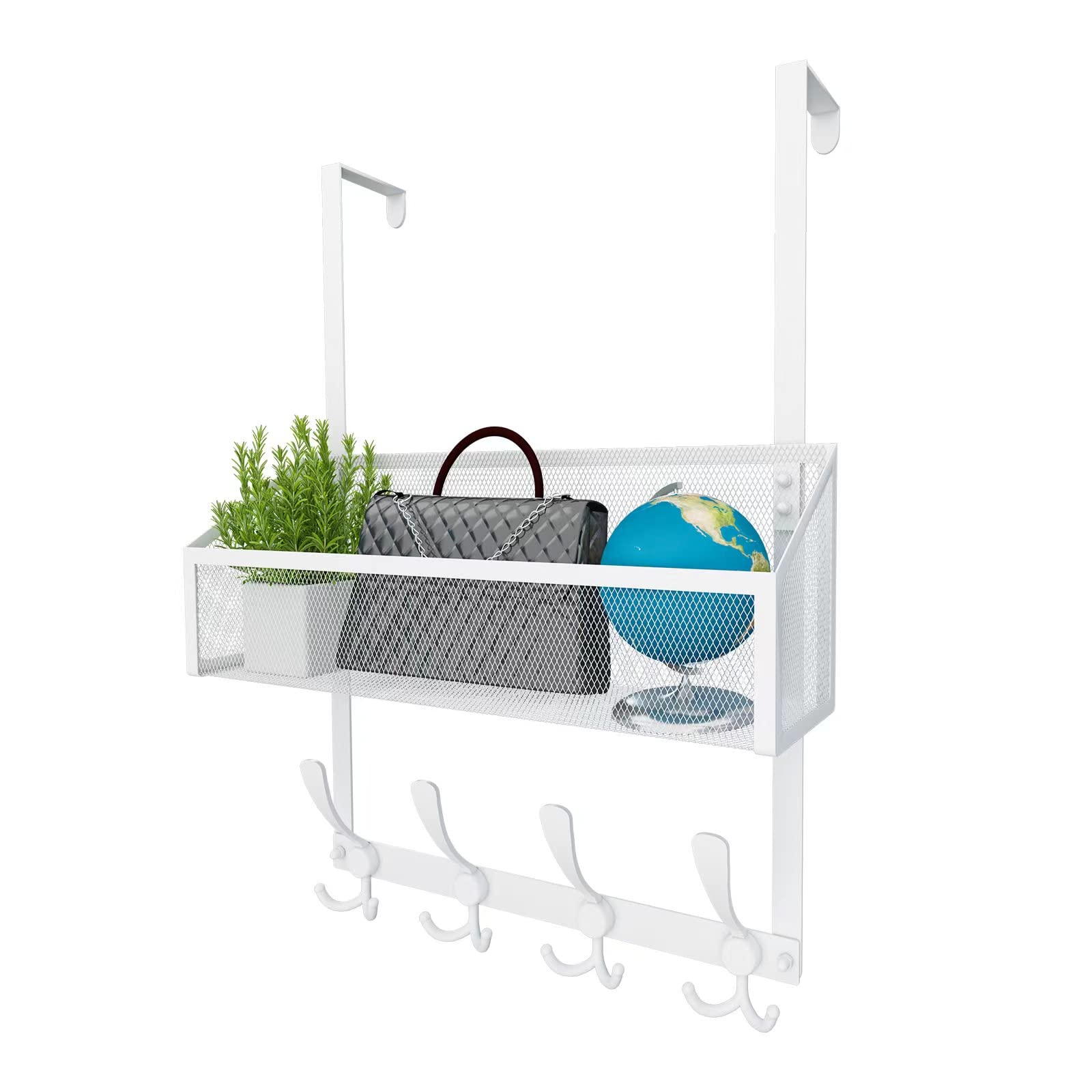 Kaiferty Over The Door Hooks Organizer, Door Hanger Towel Rack Mesh Basket with 12 Hooks,Over The Door Storage Coat Hooks Behind Door Organizer for Bathroom,Bedroom,Kitchen,Office (White, 2-Tier)
