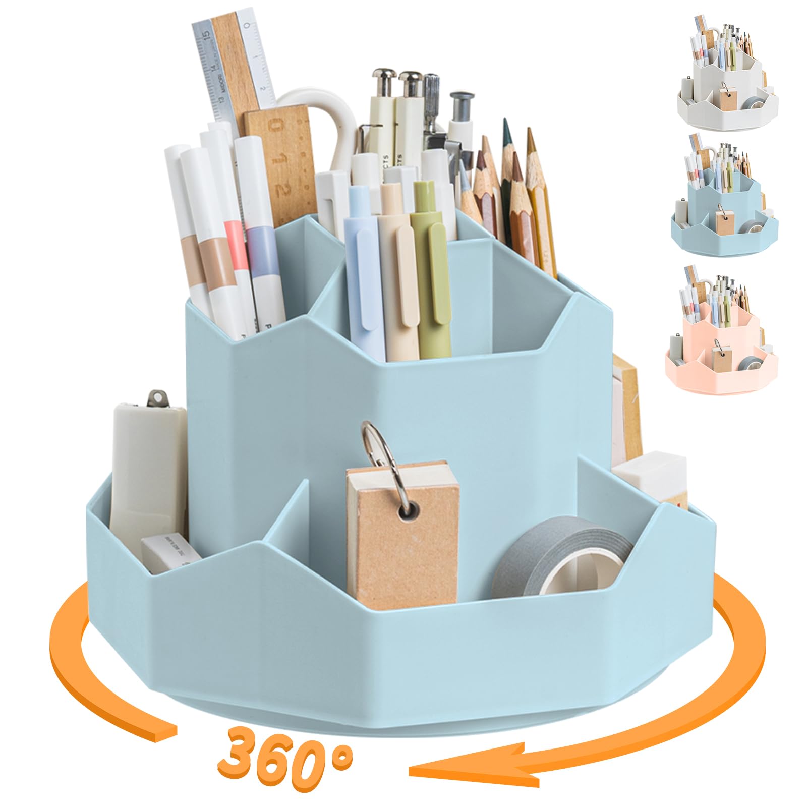 Pencil Pen Holder for Desk,9 Slots 360 Degree Rotating Desk Organizers,Desktop Storage Stationery Supplies Organizer, Cute Pencil Cup Pot For Office, School, Home(Blue)