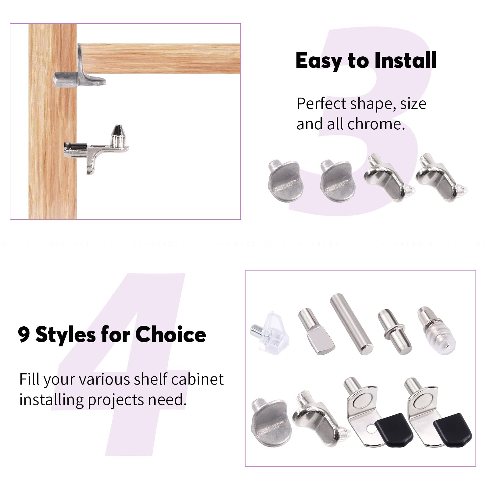 Swpeet 237Pcs 9 Styles Nickel Plated and Metal Shelf Pins Kit with Black Rubber Sleeves, Shelf Bracket Pegs Cabinet Shelf Support Peg Furniture Cabinet Shelf Pegs for Shelf Holes on Cabinets