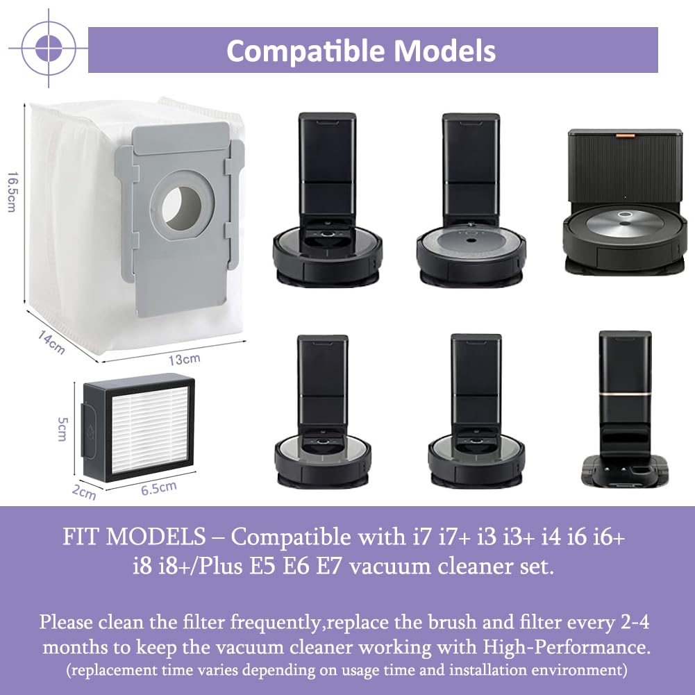 Vacuum Dust Bags and HEPA Filters: Compatible with iRobot Roomba i3 i3+ i4 i4+ i6 i6+ i7 i7+ i8 i8+ Vacuum Cleaner - 8+2pack