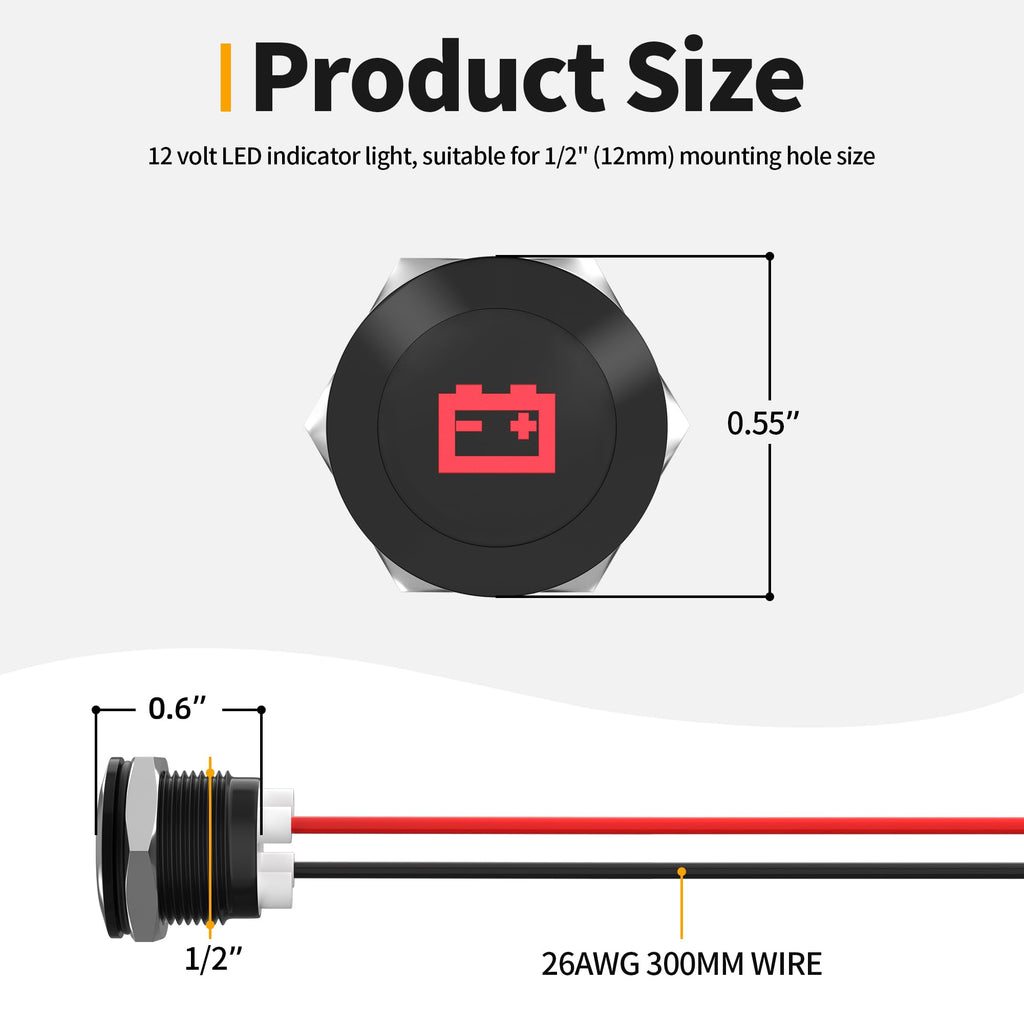 RVMARINEPAT 12V LED Indicator Light Small Indicator Light Waterproof 1/2" Panel Cutout 12 Volt 24 Volt Metal LED Indicator Pilot Dash Light with 300MM Wires -7PCS
