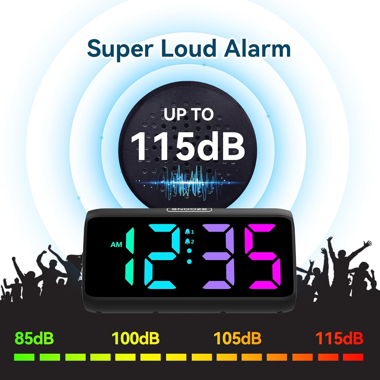 Netzu Digital Alarm Clock, RGB Loud Alarm Clocks for Bedrooms Heavy Sleepers Seniors Kids, Plug in Digital Clock with 5 Dimmers, 2 Alarms, 4 Volumes and Snooze (Black)