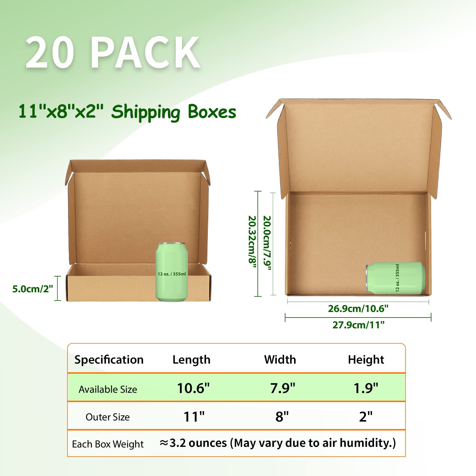 Pemtow 11x8x2 Shipping Boxes Set of 20, Brown Corrugated Cardboard Literature Mailer Box for Packaging, Mailing, Business
