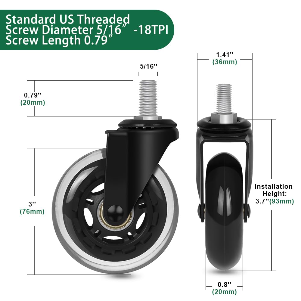8T8 Replacement Office Chair Caster Wheels, M8-1 Threaded Stem Soft PU Rubber Safe for Hardwood Set of 5 (Black, Screw Stem)