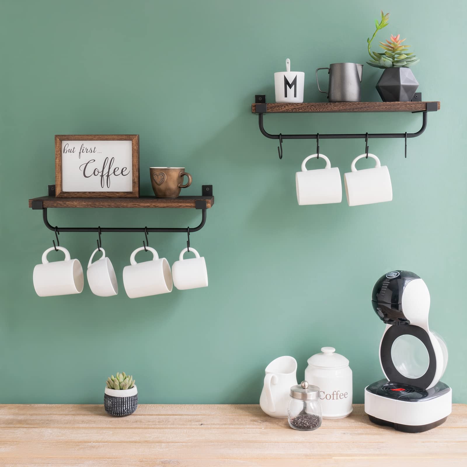 Mkono Mug Holder Wall Mounted Coffee Mug Rack Set of 2 Rustic Floating Shelf for Coffee Bar Accessories Wood Tea Cup Hooks Hanger for Organizing Cooking Utensils, Home Kitchen Decor, Brown