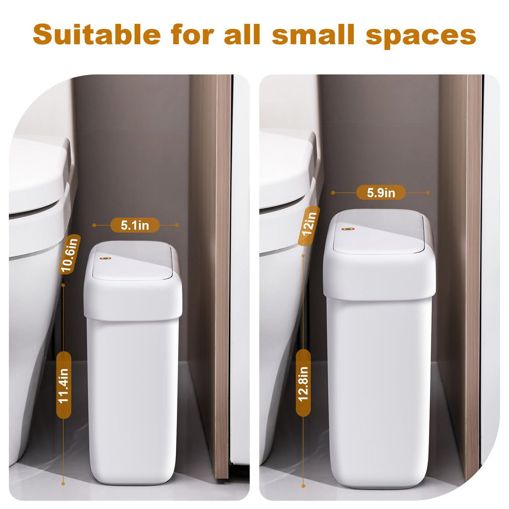 JOYBOS 2 Pack Bathroom Trash Can with Lid, 3 Gal/12 L & 2.7 Gal/10L Garbage Can with Pop-Up Lid,Small Spaces Plastic Trash Can, Slim Trash Bin Waste Basket for Bathroom,Rv, Office, White