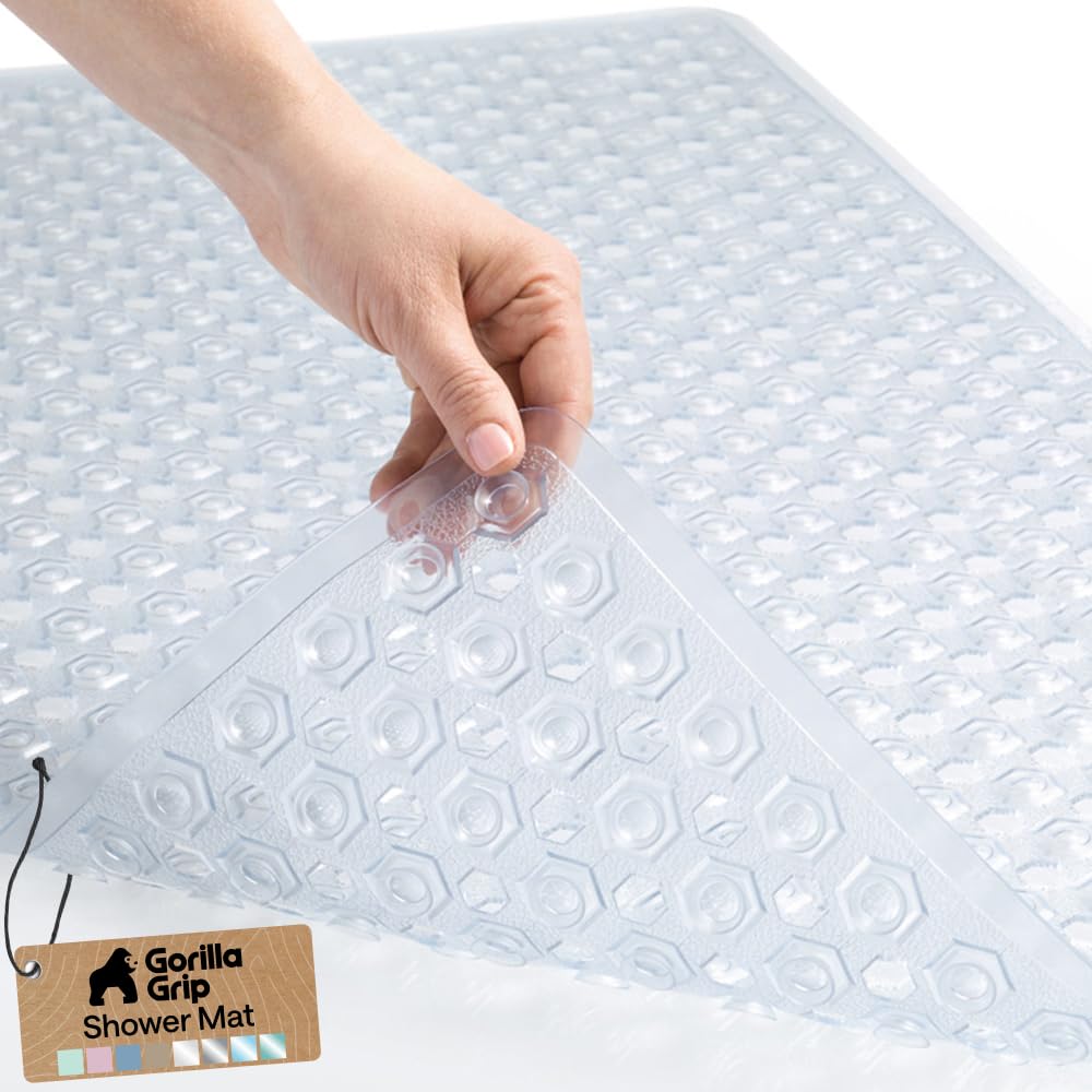 GORILLA GRIP Patented Bath Tub Shower Mat, Machine Washable Bathtub Floor Liner Mats, Suction Cups and Drain Holes to Keep Tubs Clean, Bathroom Essentials, 89x41 cm, Clear