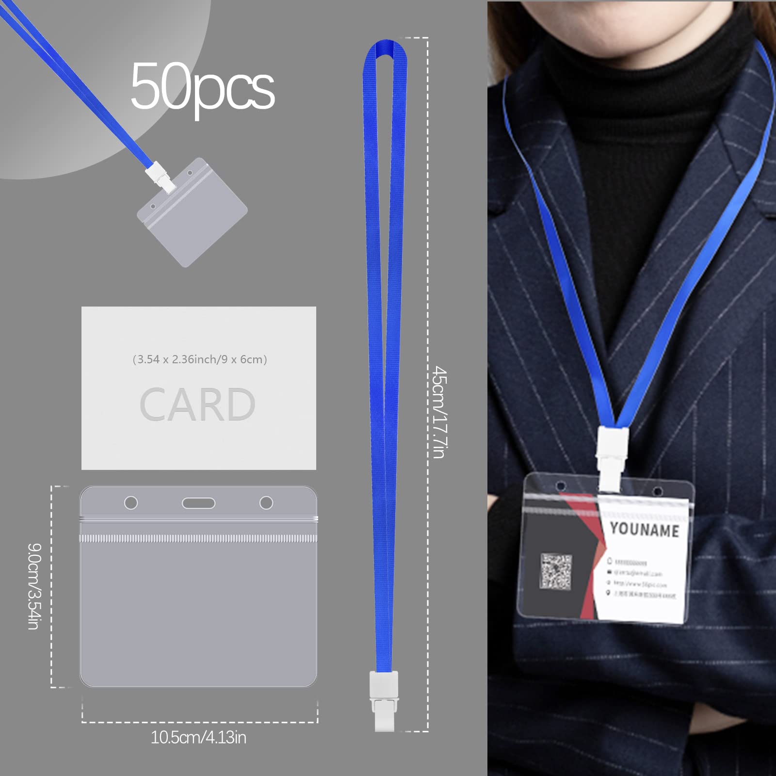 FZENeast Badge Holder with Lanyard，50 PCS Clear Waterproof Horizontal id Holder with 50 PCS Flat Neck Blue Badge Lanyards for Business Office School