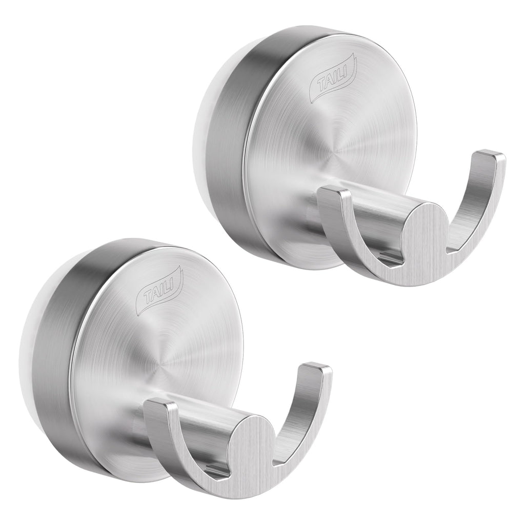 TAILI 304 Stainless Steel Bathroom Suction Hooks for Towel, Bathrobe, Loofah, Patented Strong Suction Cup Holder, No Damage Hanging Glass Shower Wall Hook, Double-Hook Sleek Design, 2 Pack