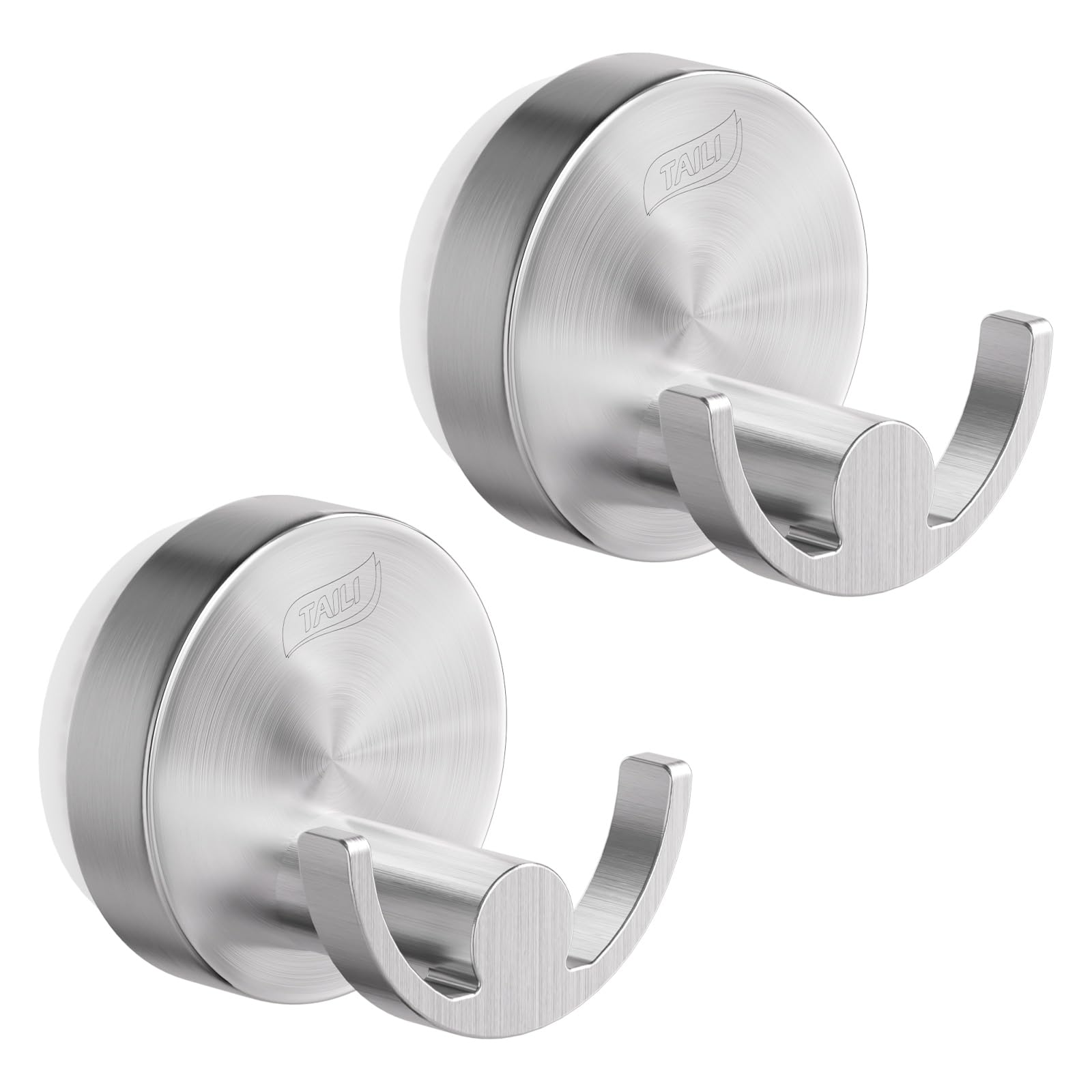 TAILI 304 Stainless Steel Bathroom Suction Hooks for Towel, Bathrobe, Loofah, Patented Strong Suction Cup Holder, No Damage Hanging Glass Shower Wall Hook, Double-Hook Sleek Design, 2 Pack