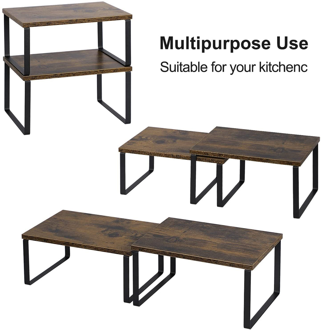 MOOACE Kitchen Counter Shelf, Stackable Cabinet Shelf Organizers Expandable Countertop Shelf for Pantry - Set of 4 - Brown