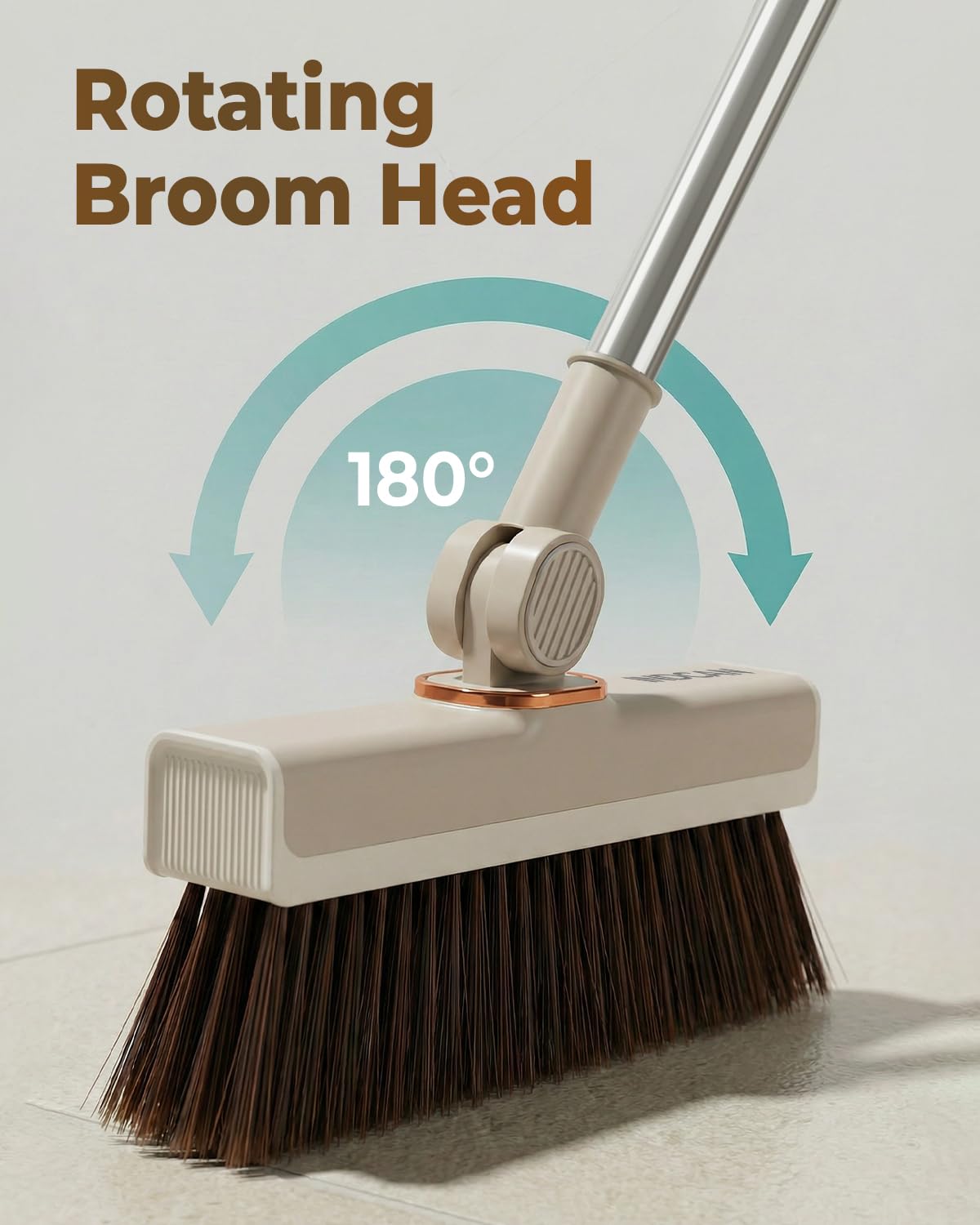 INDCAN Broom and Dustpan Set for Home, 52 Inch Long Handle Upright Broom, Rotatable Broom Head with Magnetic Mount & Self-Cleaning Teeth Comb, Indoor Floor Sweeping Set (Santra Pro) - Sandstone Beige