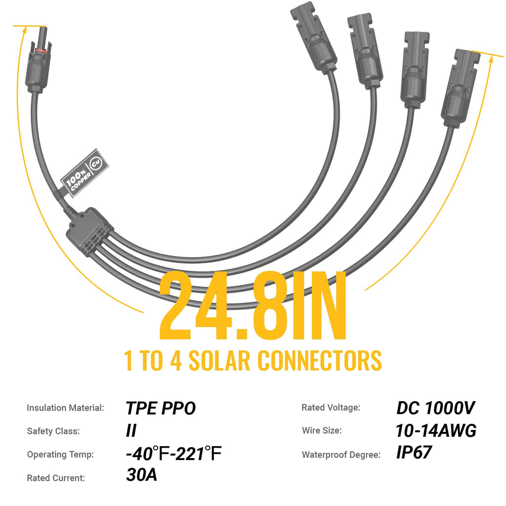 BougeRV Solar Y Branch Connectors Extra Long Solar Panel Parallel Connectors 1 to 4 Solar Cable Wire Plug Tool Kit (M/FFFF and F/MMMM)