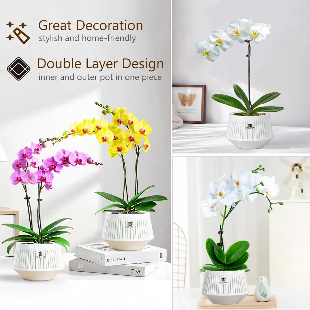 Meshpot 5 inch Orchid Pots with Holes for Repotting,Set of 1,Decorative Orchid Planter with Air-Pruning and Good Air Circulation,Plastic White Orchid Container with Saucers