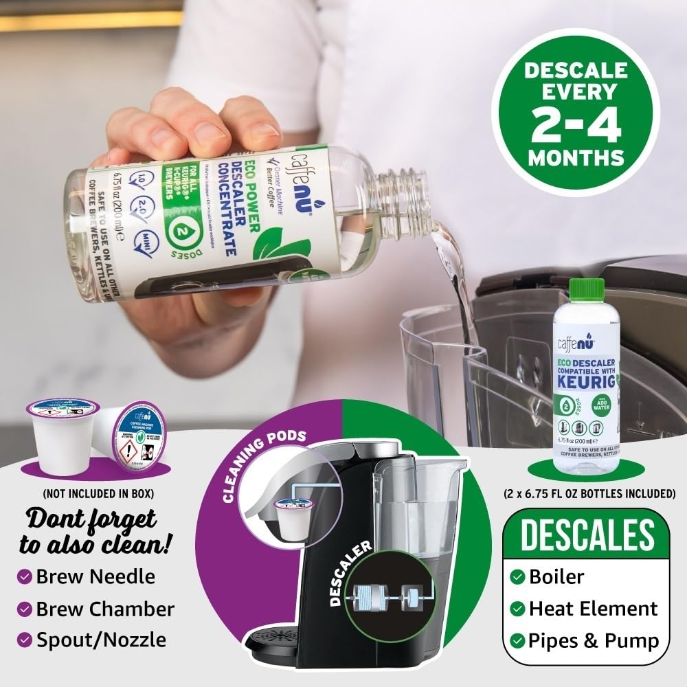 Keurig Compatible Descaling Solution. 2 Bottles of Descaler Solution. Descaling Kit Removes Limescale For Hotter Coffee. 4 Uses Descaler For Keurig Coffee Machines.