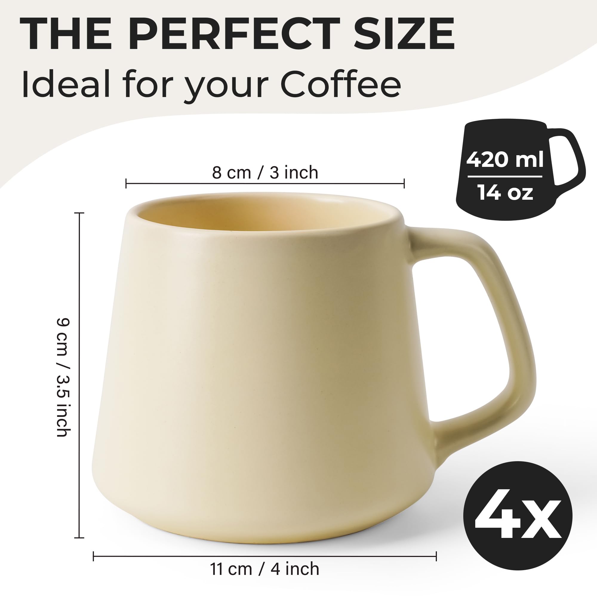 MIAMIO - Coffee Mugs Set of 4 / Large Ceramic Coffee Cups (420 ml) - Mug for Cappuccino, Tea, Espresso - Microwave and Dishwasher Safe - Luxe Collection (Beige Pastel)