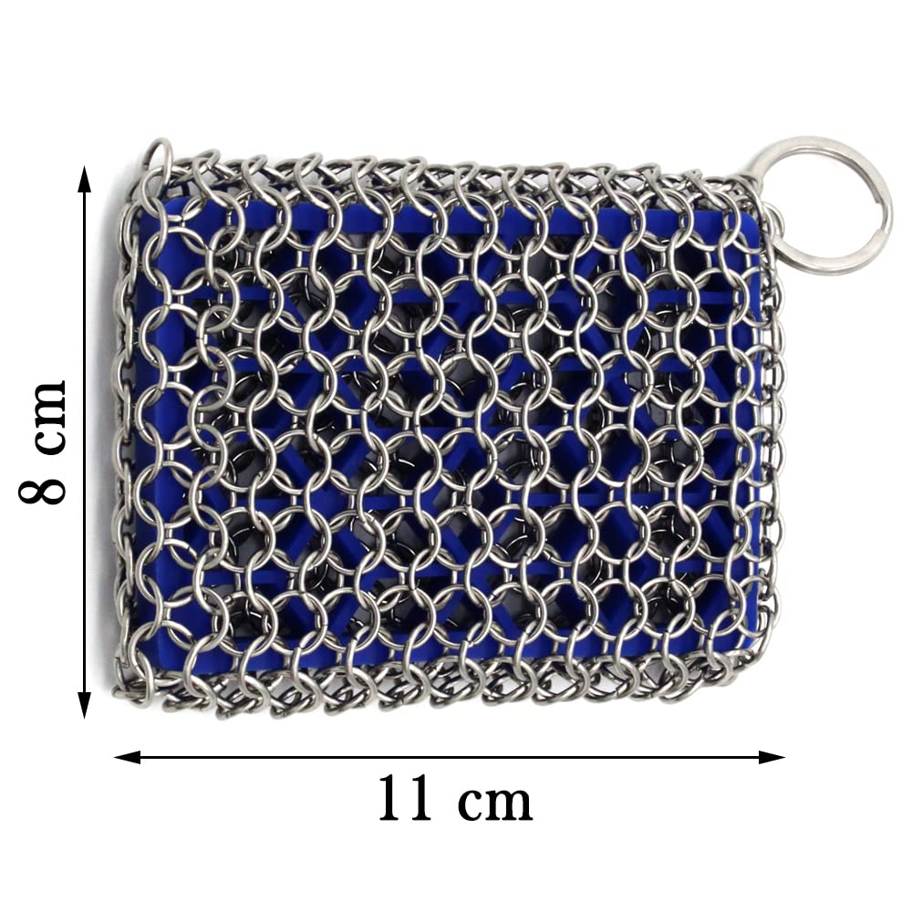 2 Pack Cast Iron Scrubber 316 Stainless Steel with Silicone Insert Durable Flexible Chain Cleaner Cleaner for All Types of Griddles Pots Skillet Grills Kitchen Cookware BBQ Tools & Ovens (Blue*2)