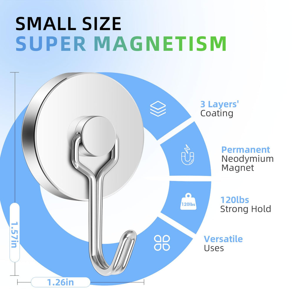 Neosmuk Magnetic Hooks,120lb Heavy Duty Earth Magnets with Swing Hook for Refrigerator, Extra Strong Cruise Hook for Hanging, Magnetic Hanger for Cabins, Grill(Silvery,6 Pack)