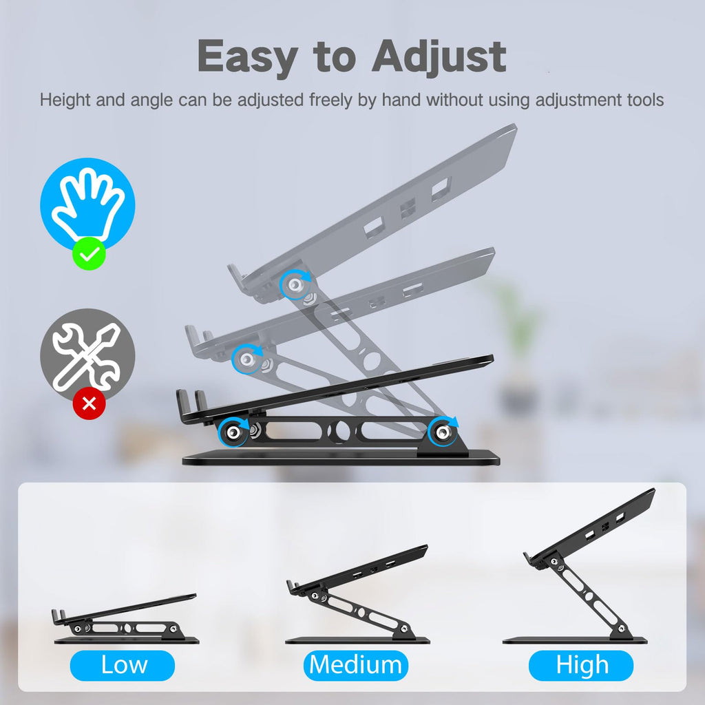 Gogoonike Adjustable Laptop Stand for Desk, Metal Foldable Laptop Riser, Portable Laptop Holder, Ventilated Cooling Computer Notebook Stand Compatible with 10-15.6” Laptops