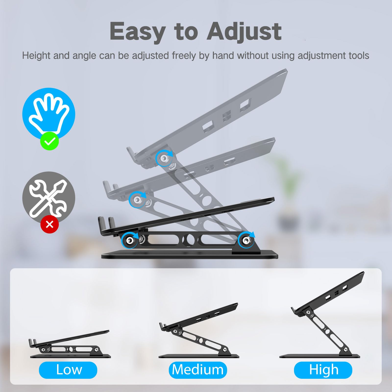 Gogoonike Adjustable Laptop Stand for Desk, Metal Foldable Laptop Riser, Portable Laptop Holder, Ventilated Cooling Computer Notebook Stand Compatible with 10-15.6” Laptops